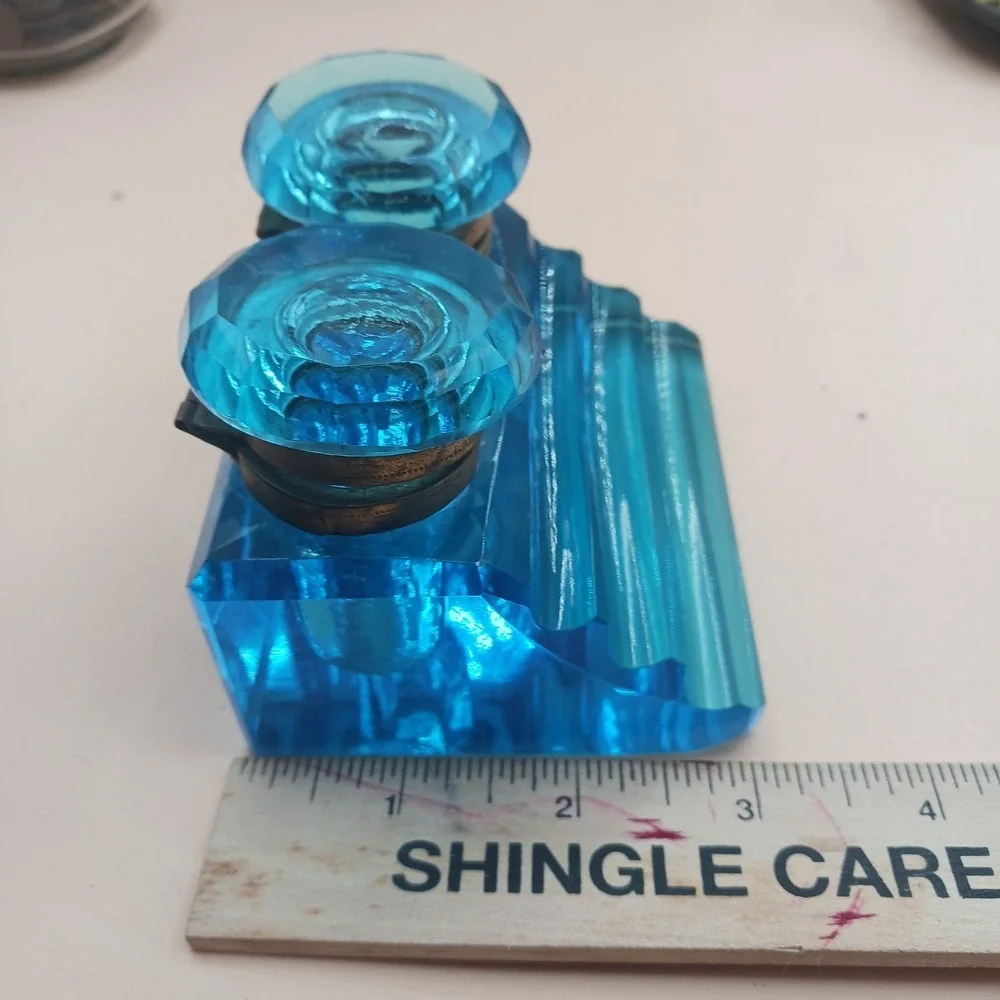 Antique Peacock Blue Glass DOUBLE Inkwell, Late 19th Century Victorian Desk